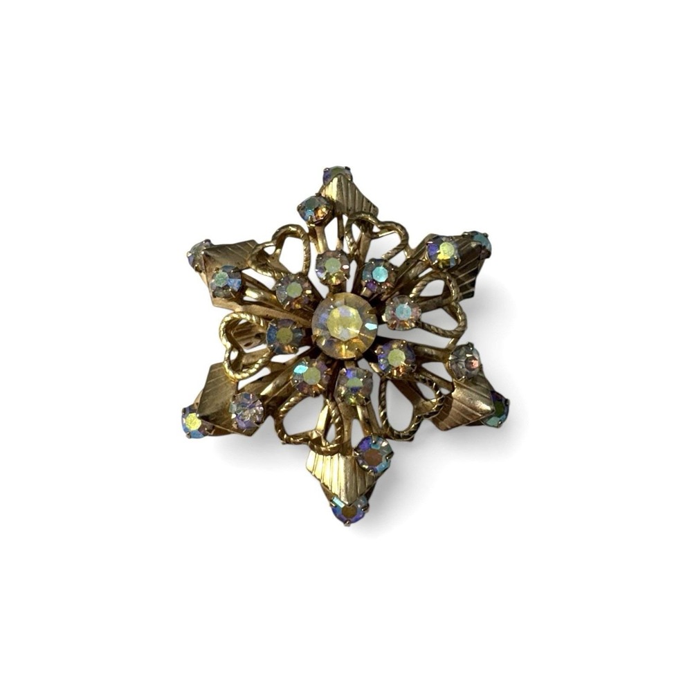 Vintage Gold Tone Aurora Borealis Rhinestone‎ Snowflake Brooch Pin